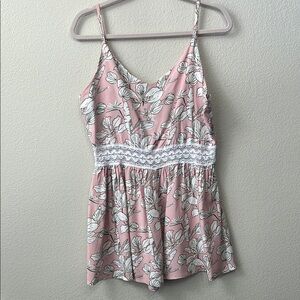 Floral Pink Spaghetti Strap romper with crochet/lace Detail. Size xl EUC